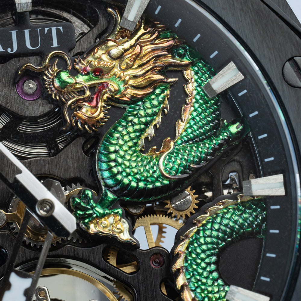 AJUT automatic mechanical mens watch sapphire glass 3D dragon dial skeleton vintage watches for man waterproof stainless steel 0576