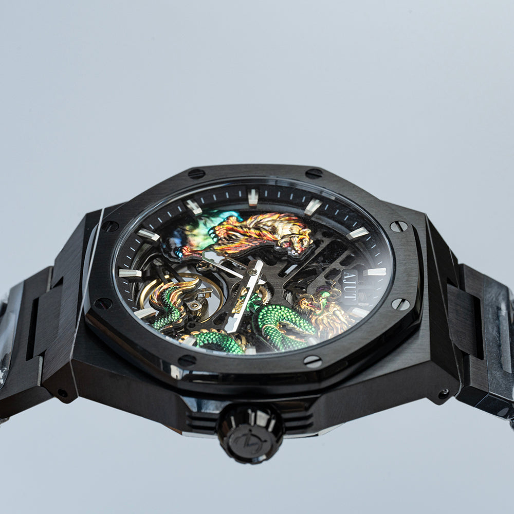 AJUT automatic mechanical mens watch sapphire glass 3D dragon dial skeleton vintage watches for man waterproof stainless steel 0576