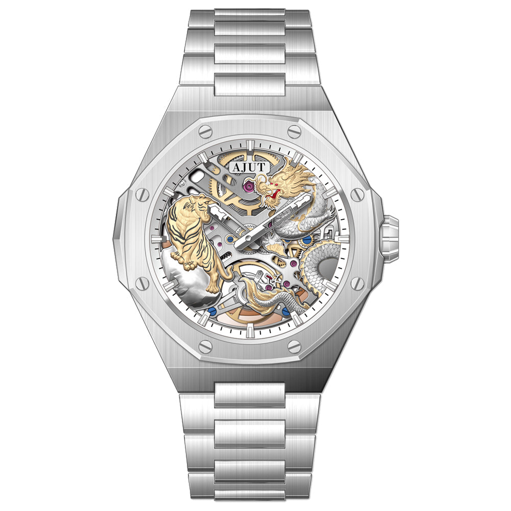 AJUT automatic mechanical mens watch sapphire glass 3D dragon dial skeleton vintage watches for man waterproof stainless steel 0576