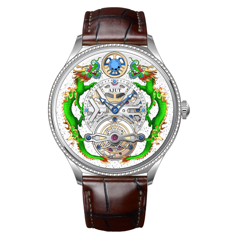 AJUT Automatic Tourbillon Mechanical Man Watch Sapphire 3D Dragon Watch 0585