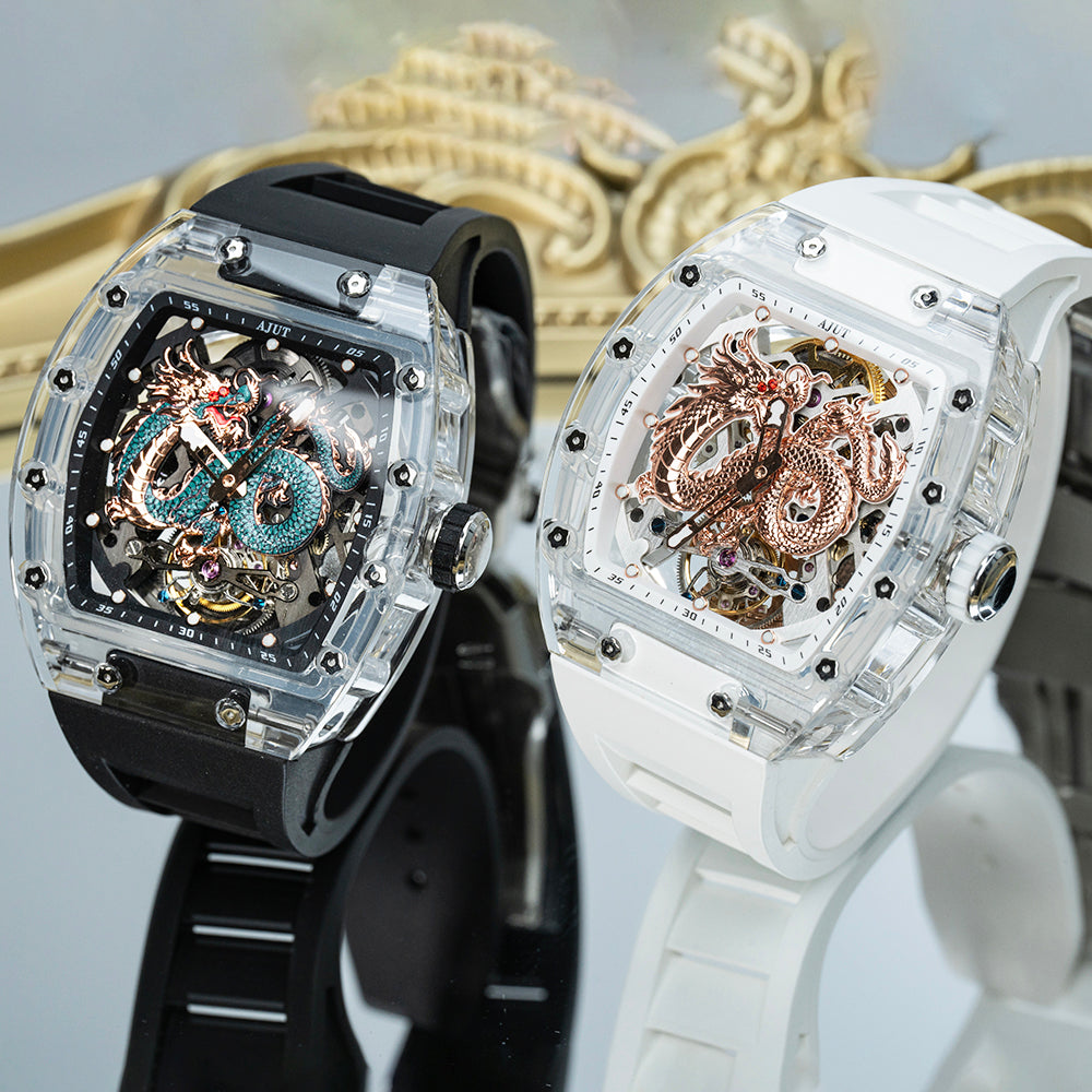 AJUT Automatic Tourbillon Movement Watches For Men Crystal Case Dragon Dial Luxury Self Winding Mechanical Man Watch 0571