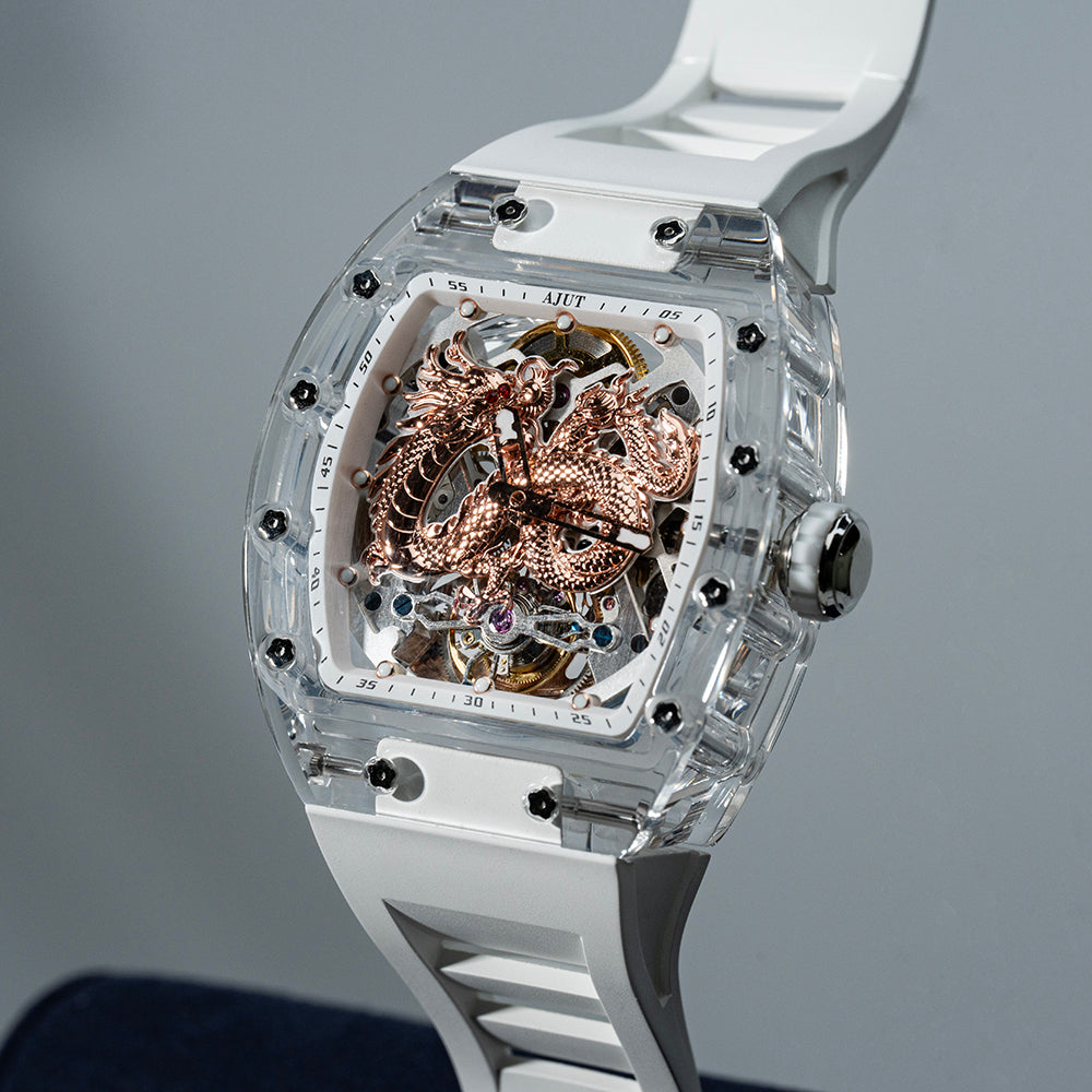 AJUT Automatic Tourbillon Movement Watches For Men Crystal Case Dragon Dial Luxury Self Winding Mechanical Man Watch 0571