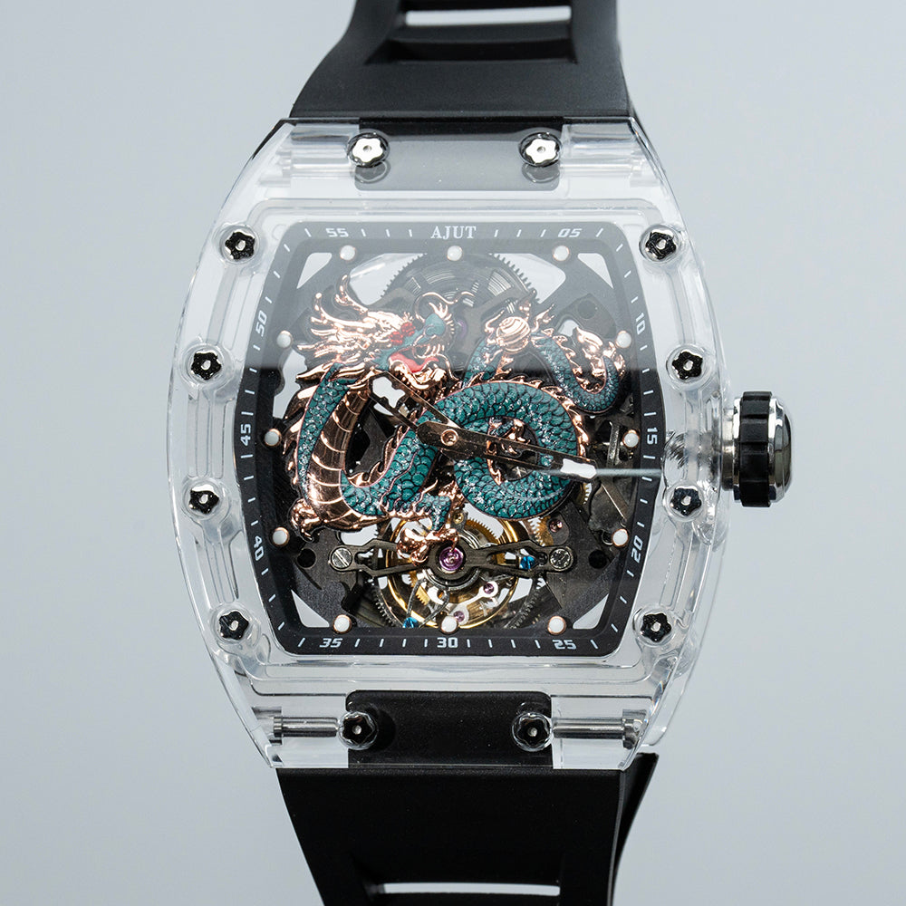 AJUT Automatic Tourbillon Movement Watches For Men Crystal Case Dragon Dial Luxury Self Winding Mechanical Man Watch 0571