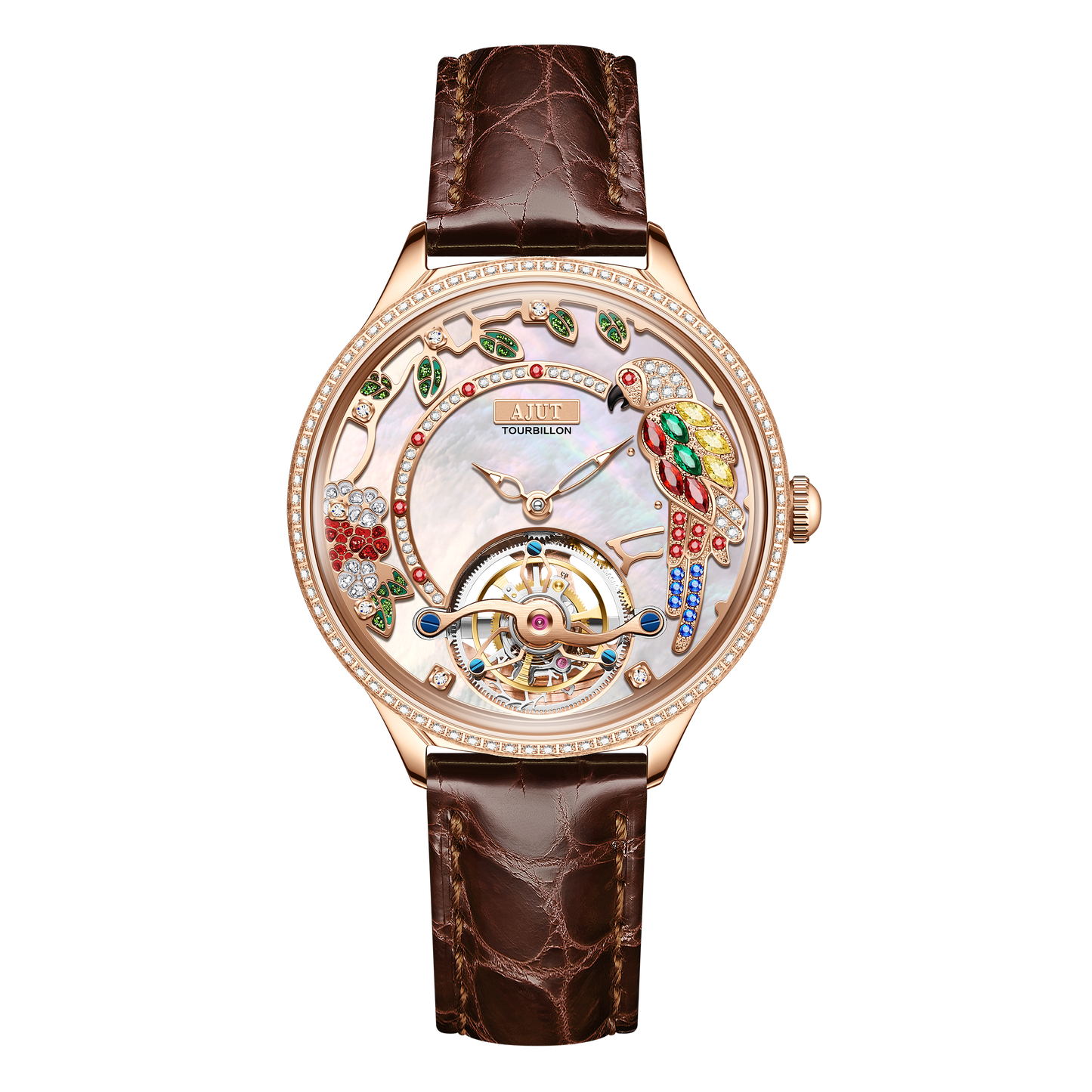 AJUT Tourbillon Women Watch Embossed Parrot Mother-of-Pearl Luxury Tourbillon Ladies Watch 0340L