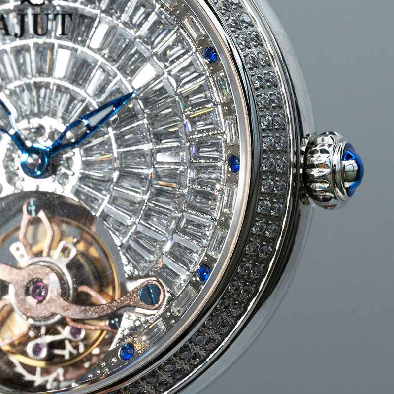AJUT Automatic Mechanical Watch For Men Full Zircon Sapphire Flying Tourbillon Movement Man Watches 0397