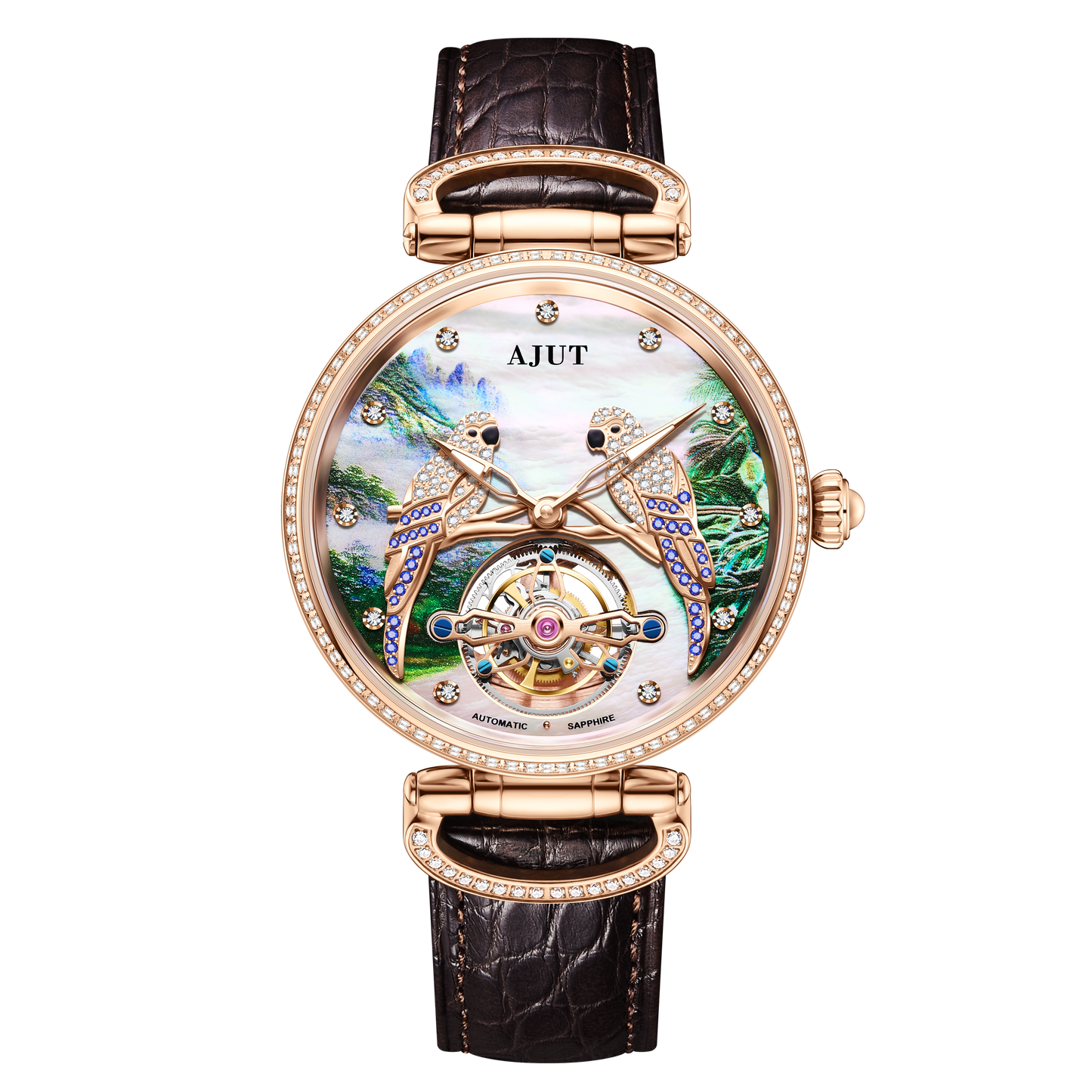 AJUT automatic tourbillon mechanical watches for man movement mother-of-pearl embossed parrot inlaid zircon men's watch 0327
