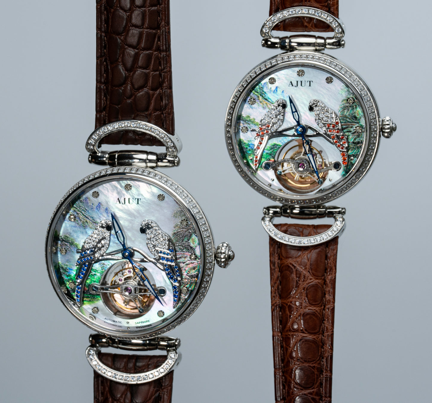 AJUT Artistic Painted Watch Women Forest Relief Parrot Inlaid Zircon Luxury Tourbillon Ladies Watch 0327L