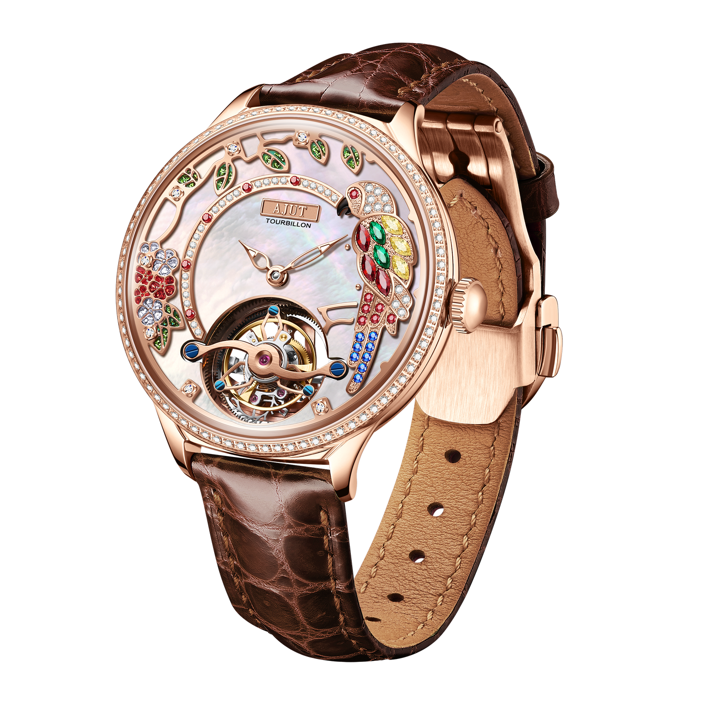 AJUT Tourbillon Women Watch Embossed Parrot Mother-of-Pearl Luxury Tourbillon Ladies Watch 0340L