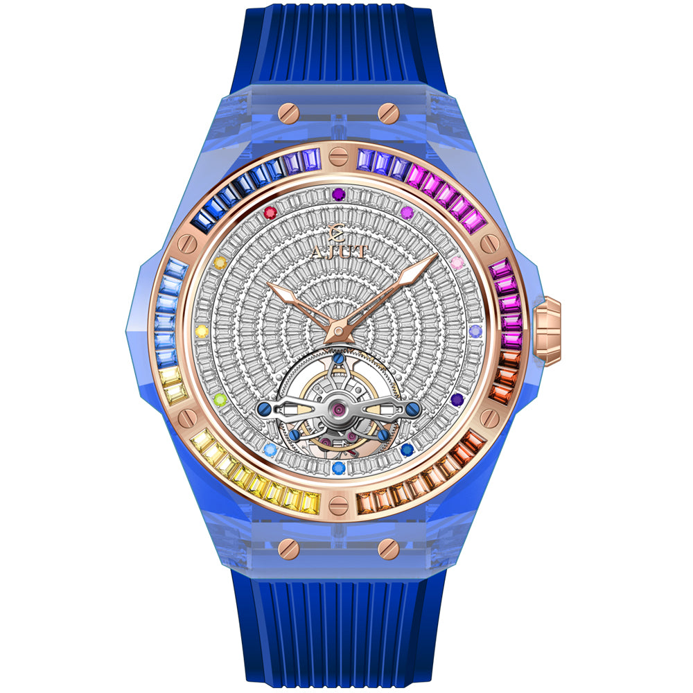 AJUT Automatic Tourbillon Mechanical Watch For Men Crystal Case Full Diamond Dial Watches Sapphire Luxury TAM0521