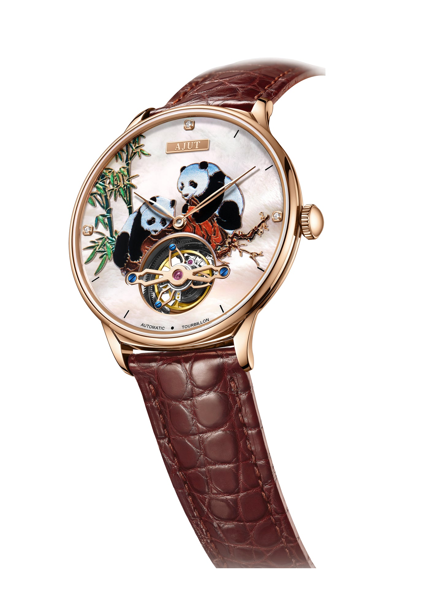 AJUT 3D printed panda stainless steel case men's watch automatic tourbillon mechanical movement TAM0346