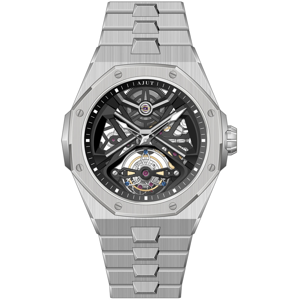 AJUT Automatic Tourbillon Watch Man Self Winding Mechanical Skeleton Stainless Steel Wristwatch 0517