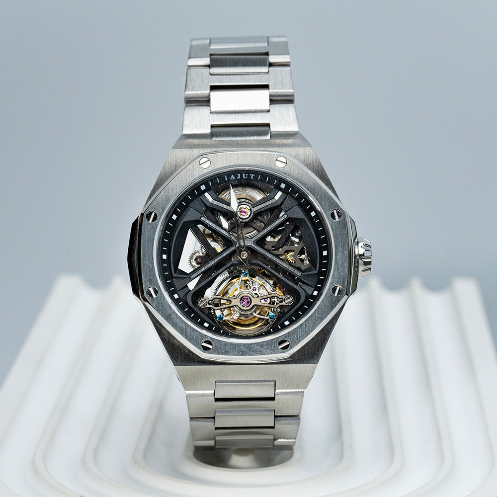 AJUT Automatic Tourbillon Watch Man Self Winding Mechanical Skeleton Stainless Steel Wristwatch 0517