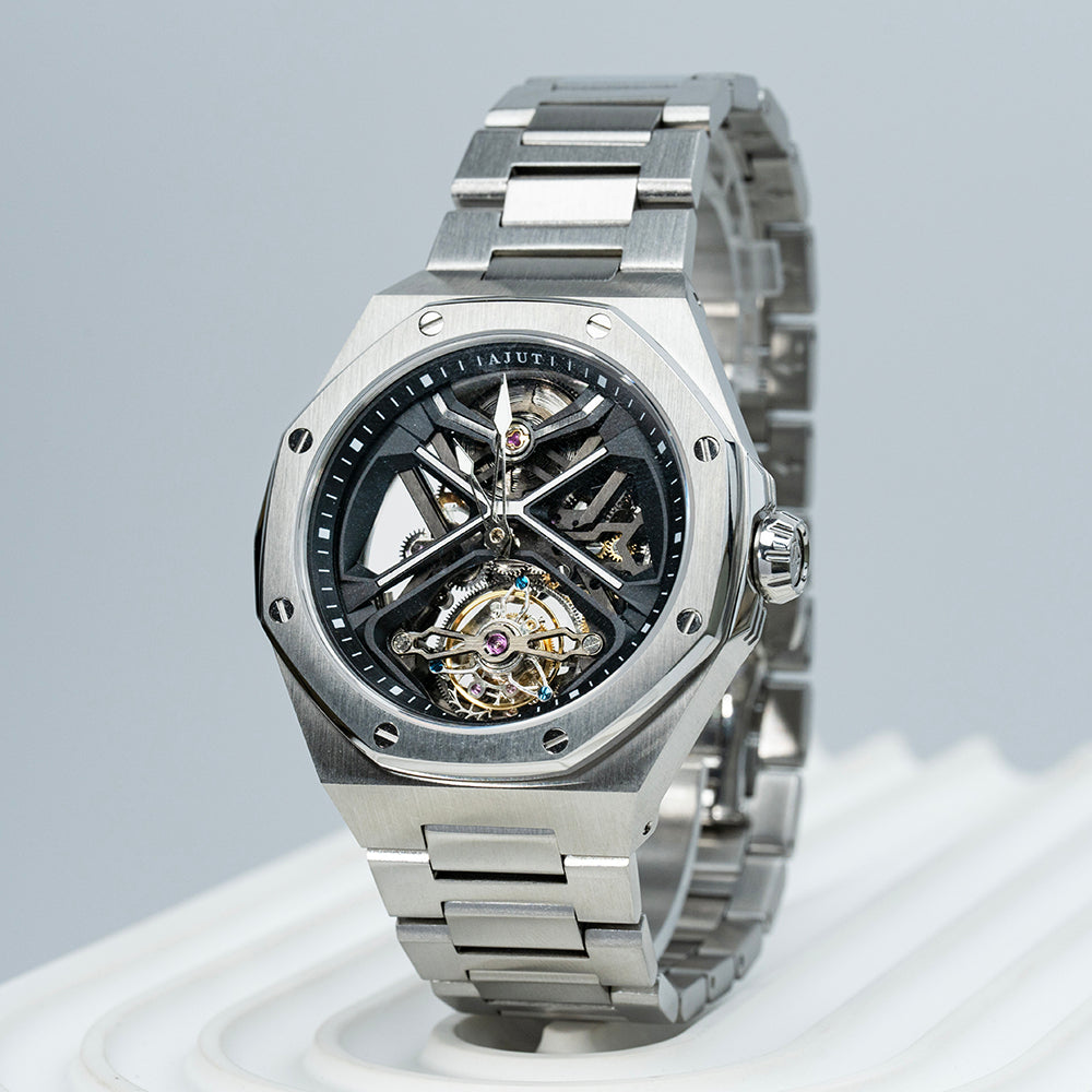 AJUT Automatic Tourbillon Watch Man Self Winding Mechanical Skeleton Stainless Steel Wristwatch 0517
