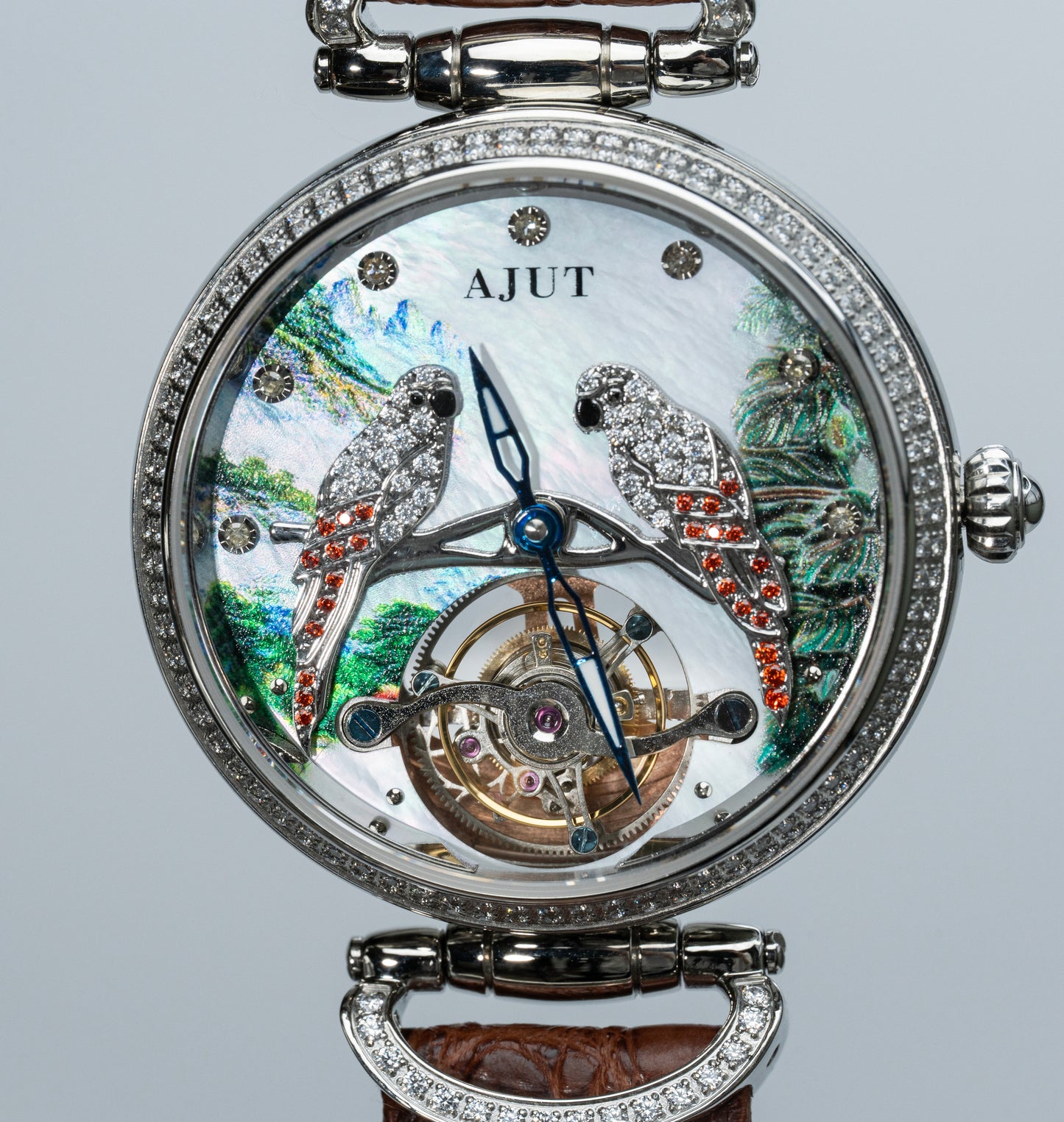 AJUT Artistic Painted Watch Women Forest Relief Parrot Inlaid Zircon Luxury Tourbillon Ladies Watch 0327L