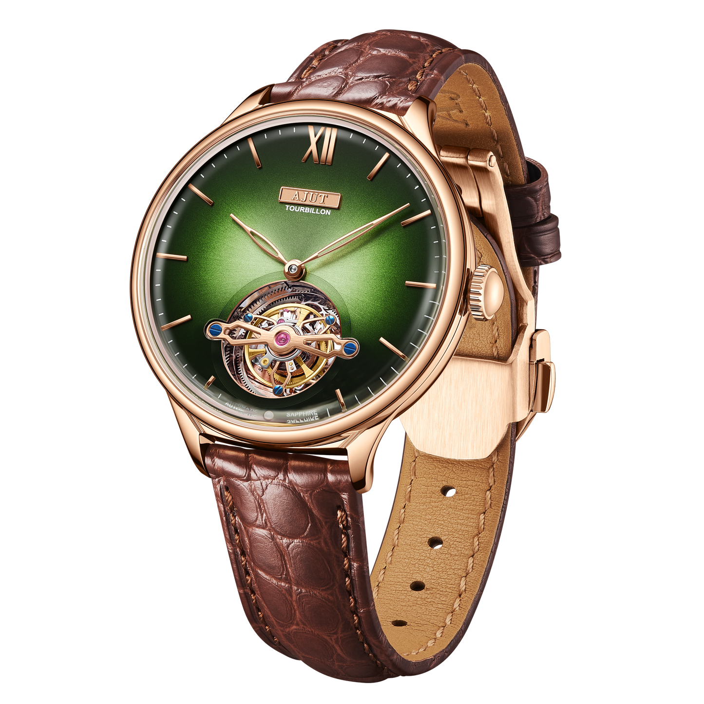 AJUT Sunburst and Enamel Automatic Tourbillon Mechanical Movement Men's Watch TAM0345