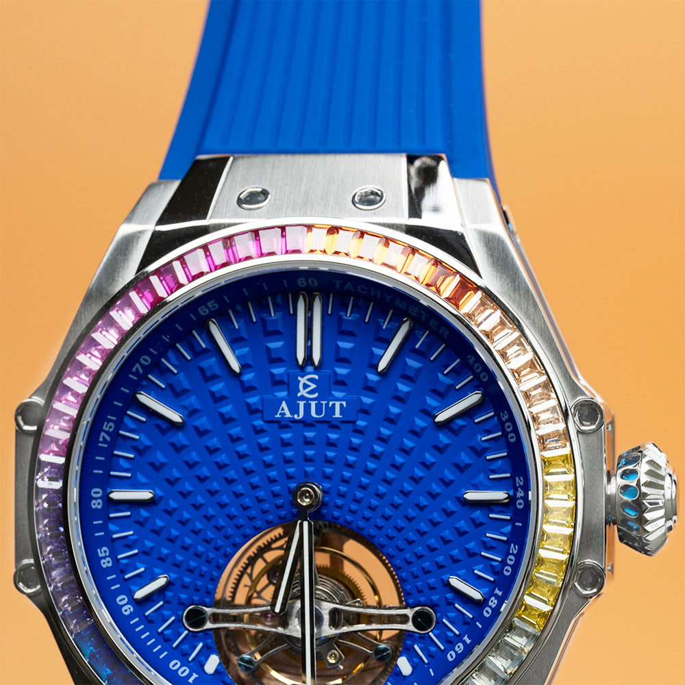 AJUT tourbillon watch man self winding flying mechanical movement Blue hydraulic surface watches man 316L stainless steel case ring 0386