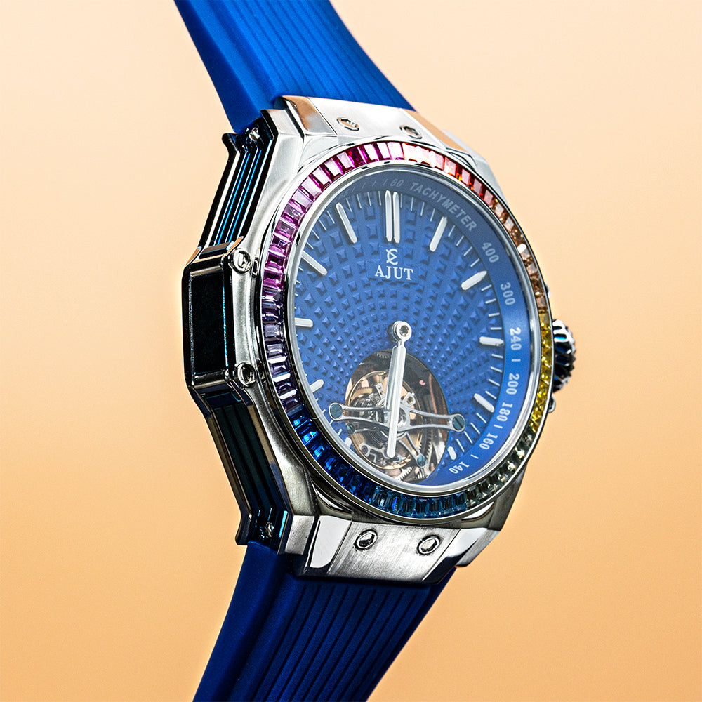 AJUT tourbillon watch man self winding flying mechanical movement Blue hydraulic surface watches man 316L stainless steel case ring 0386
