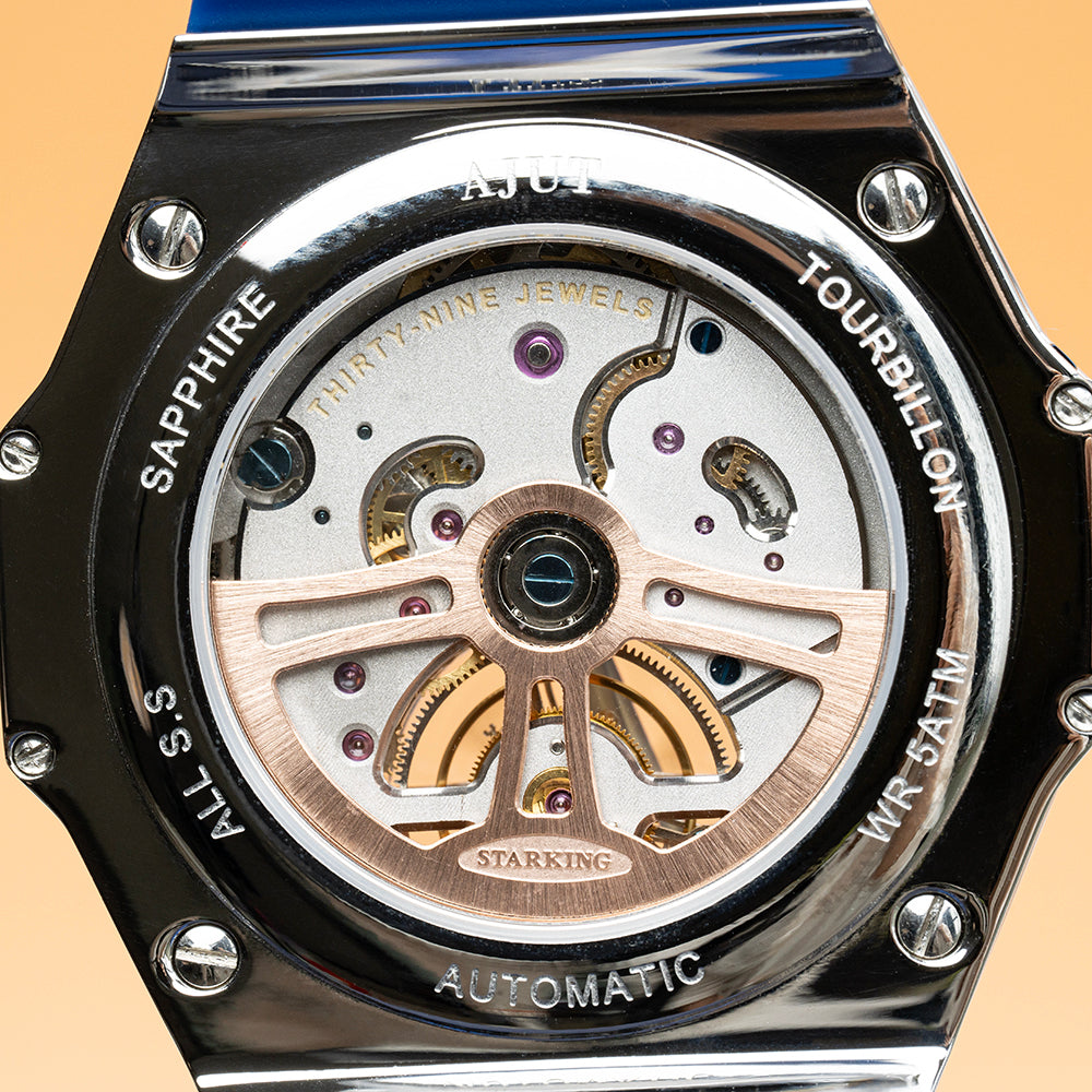 AJUT tourbillon watch man self winding flying mechanical movement Blue hydraulic surface watches man 316L stainless steel case ring 0386