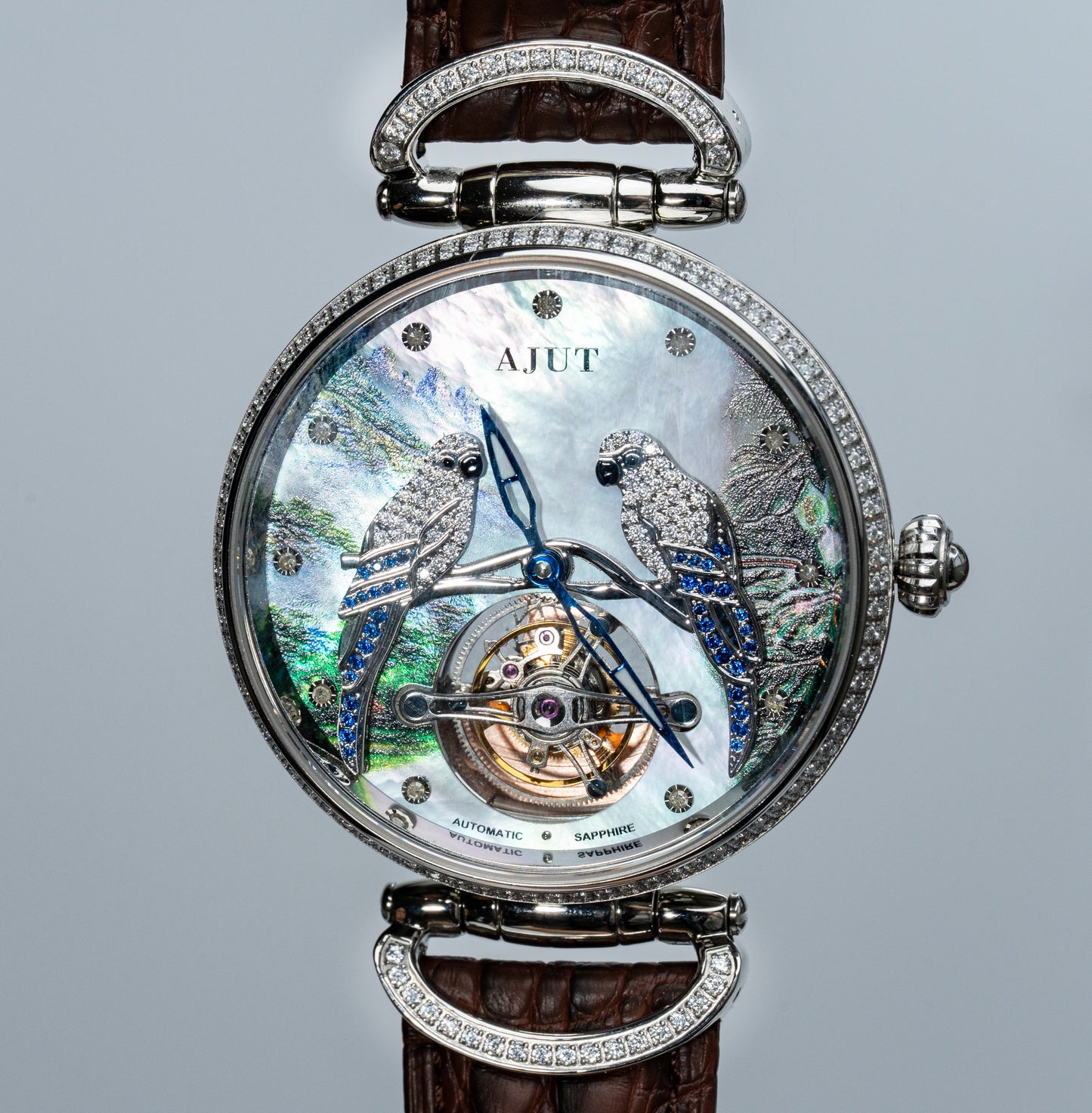 AJUT Artistic Painted Watch Women Forest Relief Parrot Inlaid Zircon Luxury Tourbillon Ladies Watch 0327L