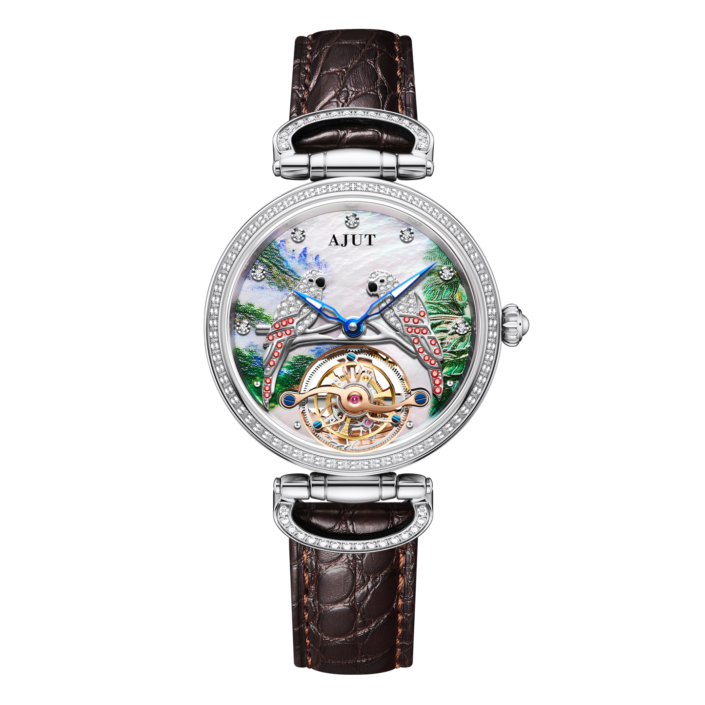 AJUT automatic winding tourbillon mechanical movement mother-of-pearl embossed parrot inlaid zircon men's watch TAM0327