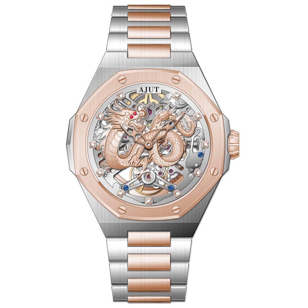 AJUT Automatic Mechanical Watches For Man Sapphire Hollow Dragon Face Classic Men Watch 0568