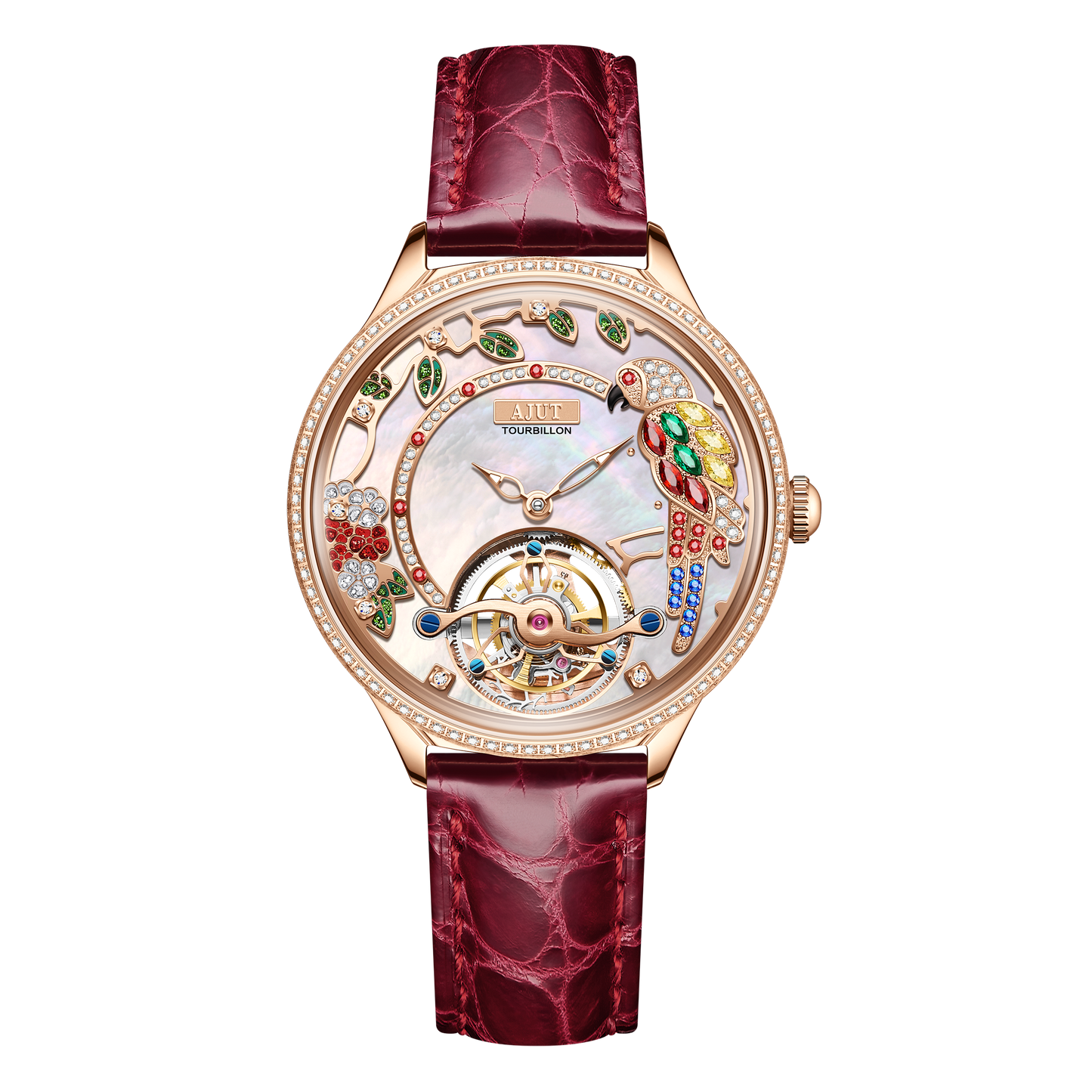 AJUT Tourbillon Women Watch Embossed Parrot Mother-of-Pearl Luxury Tourbillon Ladies Watch 0340L