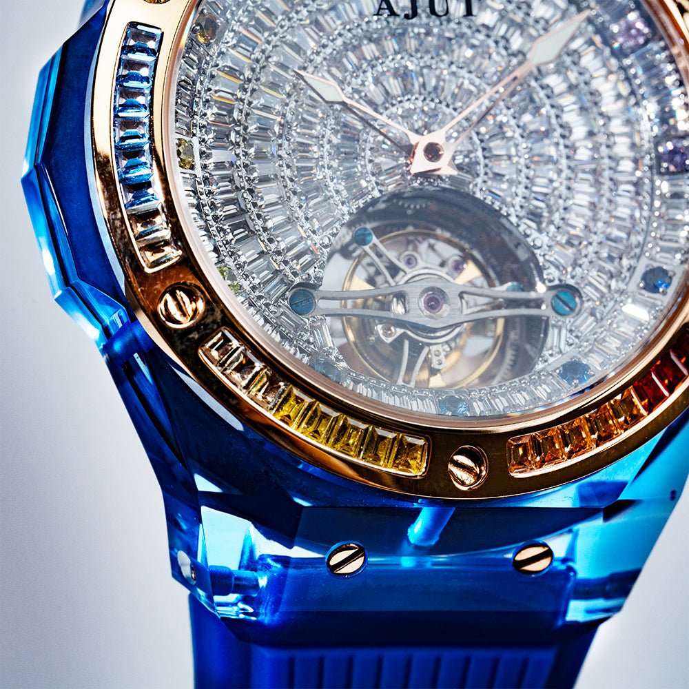 AJUT Automatic Tourbillon Crystal Case Watch Men Sapphire Mirror Square Diamond Surface Flying Mechanical Wristwatches 0521