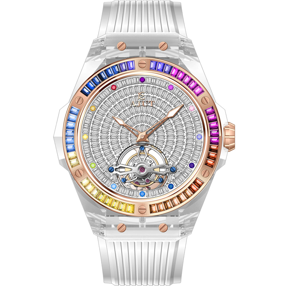 AJUT Automatic Tourbillon Crystal Case Watch Men Sapphire Mirror Square Diamond Surface Flying Mechanical Wristwatches 0521