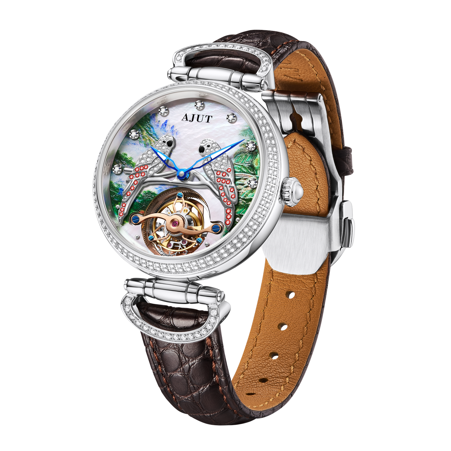 AJUT automatic winding tourbillon mechanical movement mother-of-pearl embossed parrot inlaid zircon men's watch TAM0327