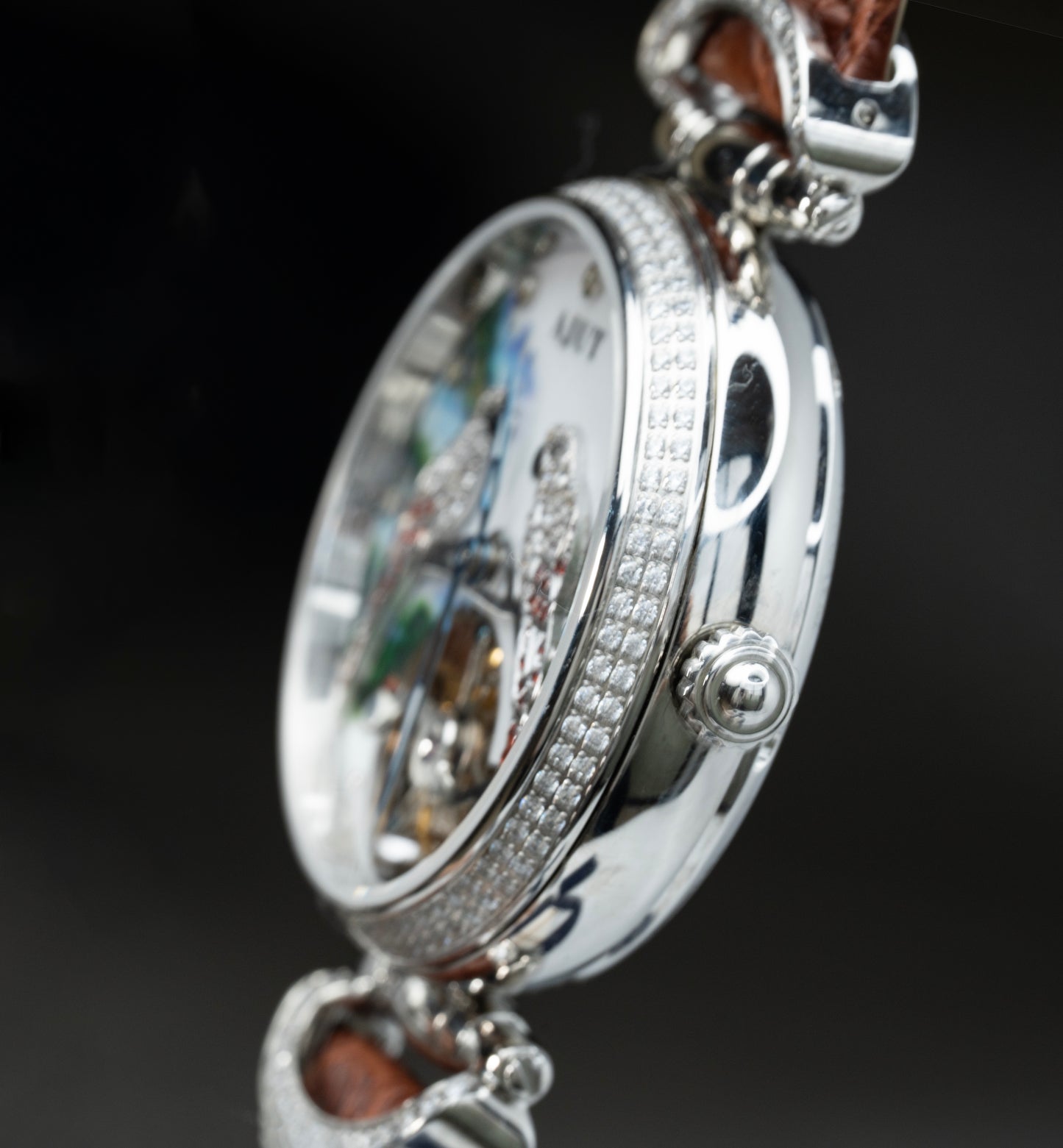 AJUT Artistic Painted Watch Women Forest Relief Parrot Inlaid Zircon Luxury Tourbillon Ladies Watch 0327L