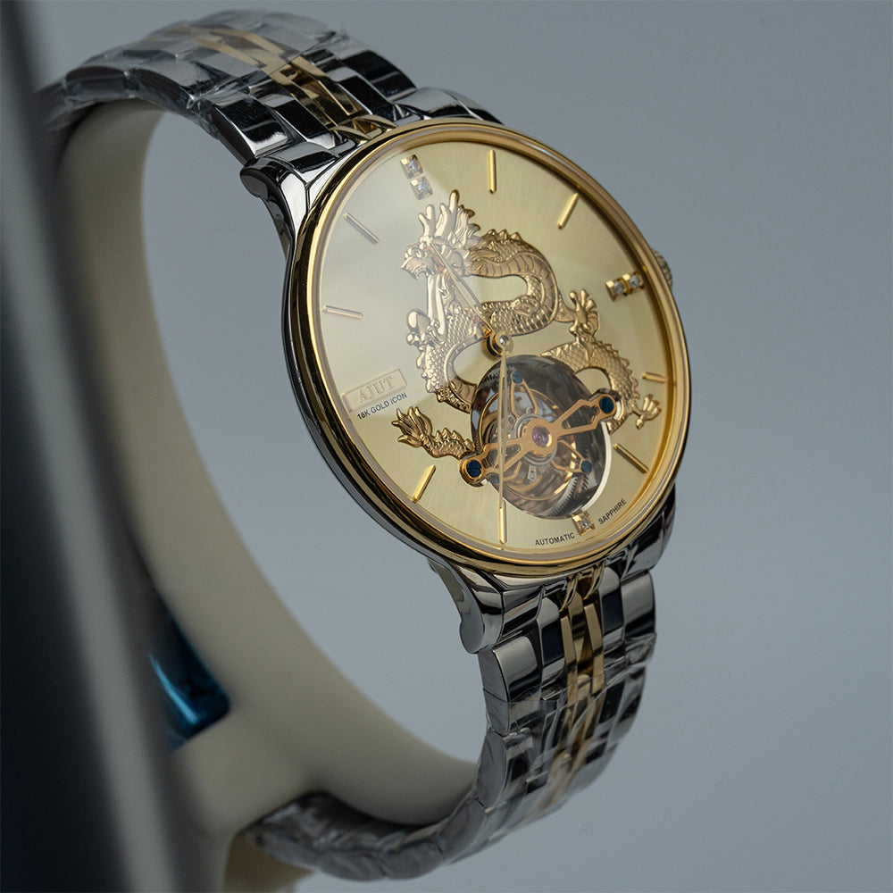 AJUT Automatic Tourbillon Mechanical Man watch Gold Color Dial Luxury Self Winding Flying Tourbillon Watches for men Luxury 0501