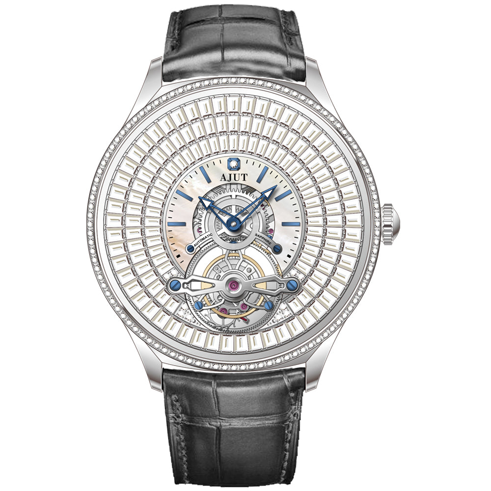 AJUT Automatic Tourbillon Movement Watches For Man Sapphire Square Zircon Dial Flying Mechanical Men's Watch 0398M
