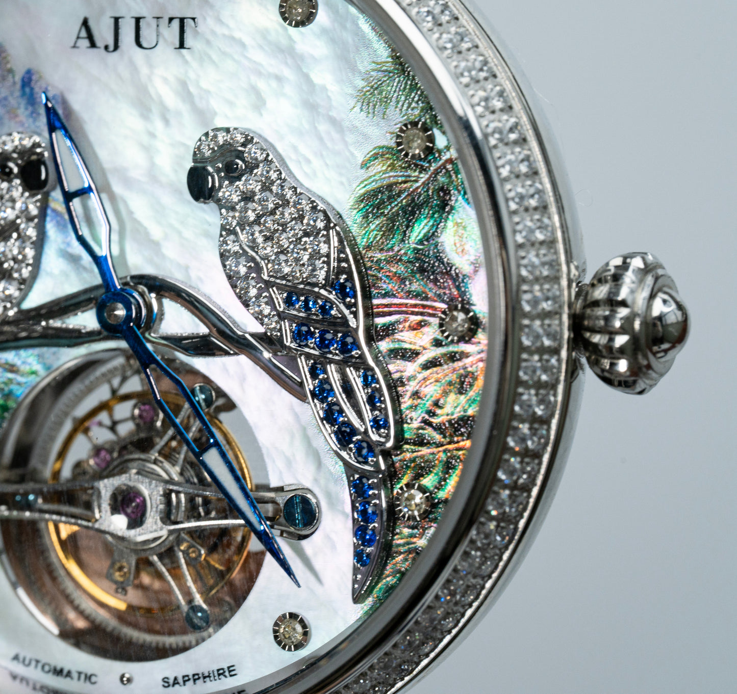 AJUT Artistic Painted Watch Women Forest Relief Parrot Inlaid Zircon Luxury Tourbillon Ladies Watch 0327L