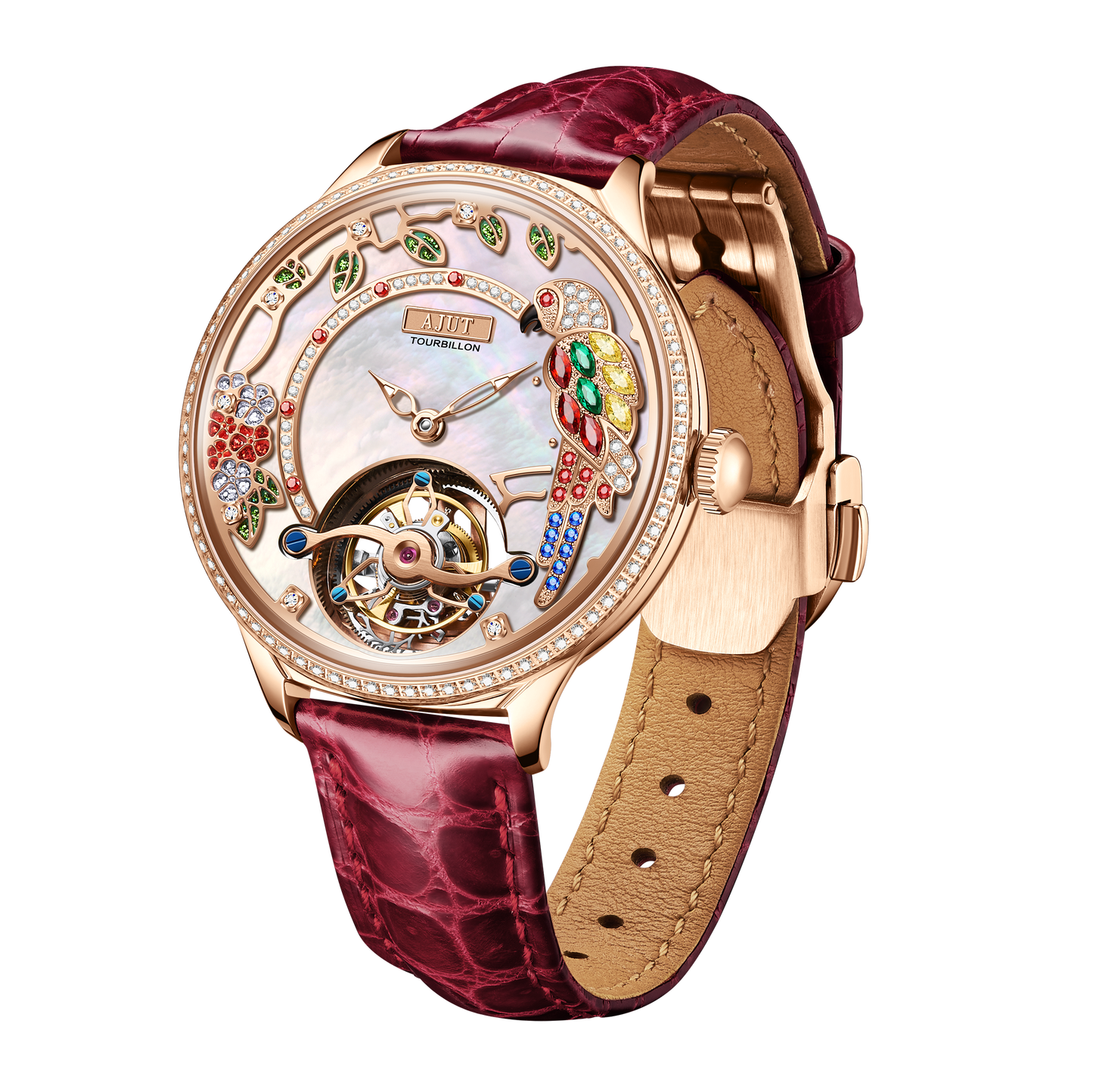 AJUT Tourbillon Women Watch Embossed Parrot Mother-of-Pearl Luxury Tourbillon Ladies Watch 0340L