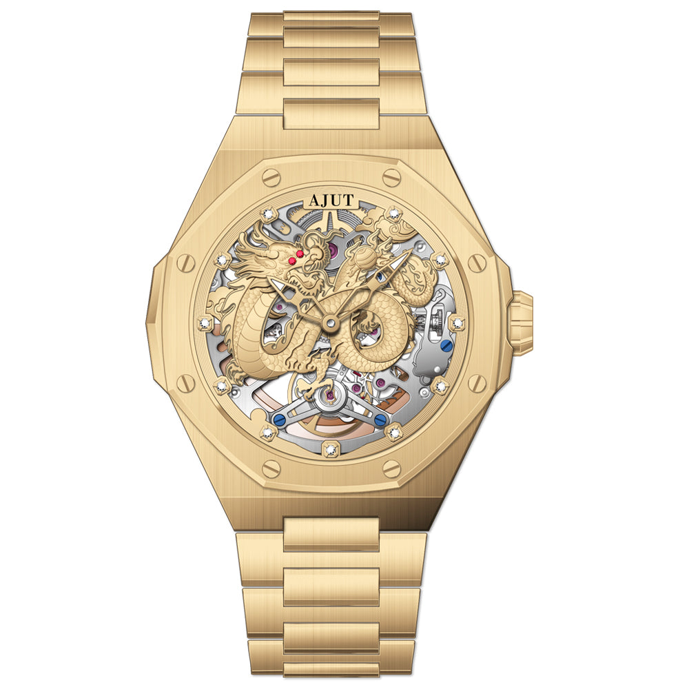AJUT Automatic Mechanical Watches For Man Sapphire Hollow Dragon Face Classic Men Watch 0568