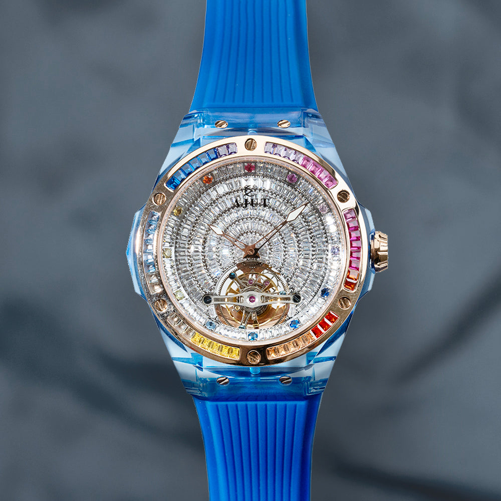 AJUT Automatic Tourbillon Mechanical Watch For Men Crystal Case Full Diamond Dial Watches Sapphire Luxury TAM0521