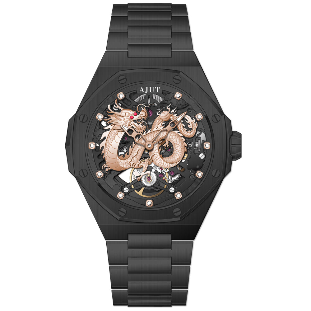 AJUT Automatic Mechanical Watches For Man Sapphire Hollow Dragon Face Classic Men Watch 0568