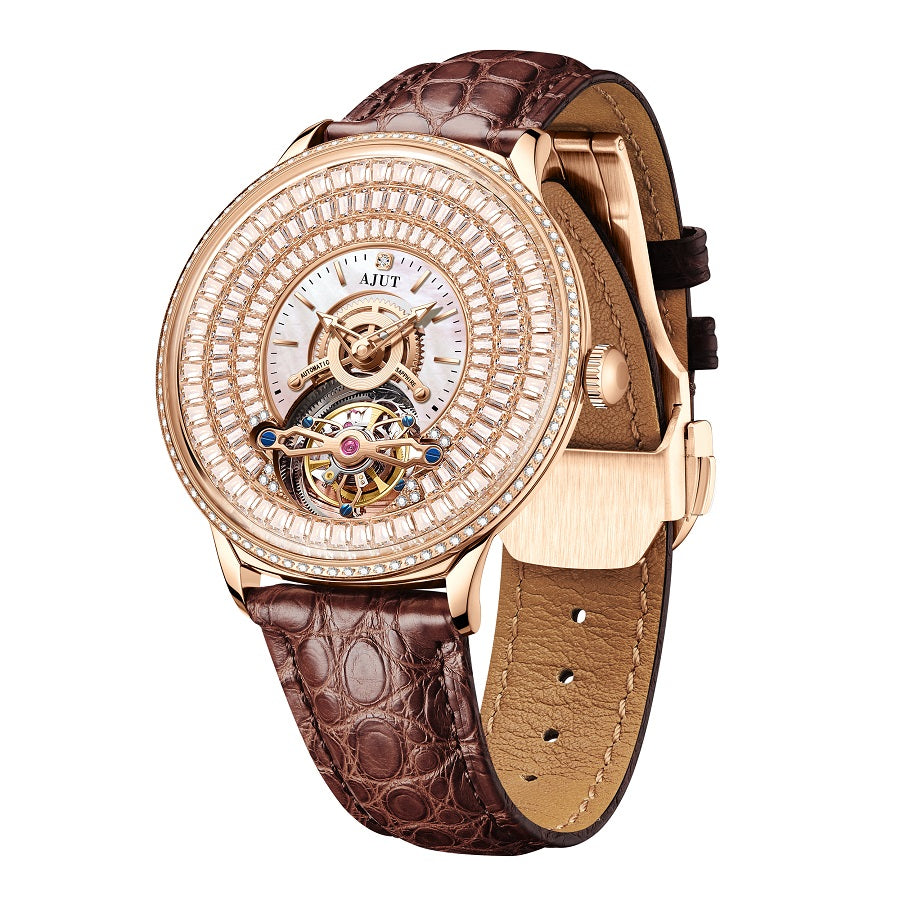 AJUT Automatic Tourbillon Mechanical Women Watch Luxury inlaid With Star-shaped Ladies Watch Fashion 0398L