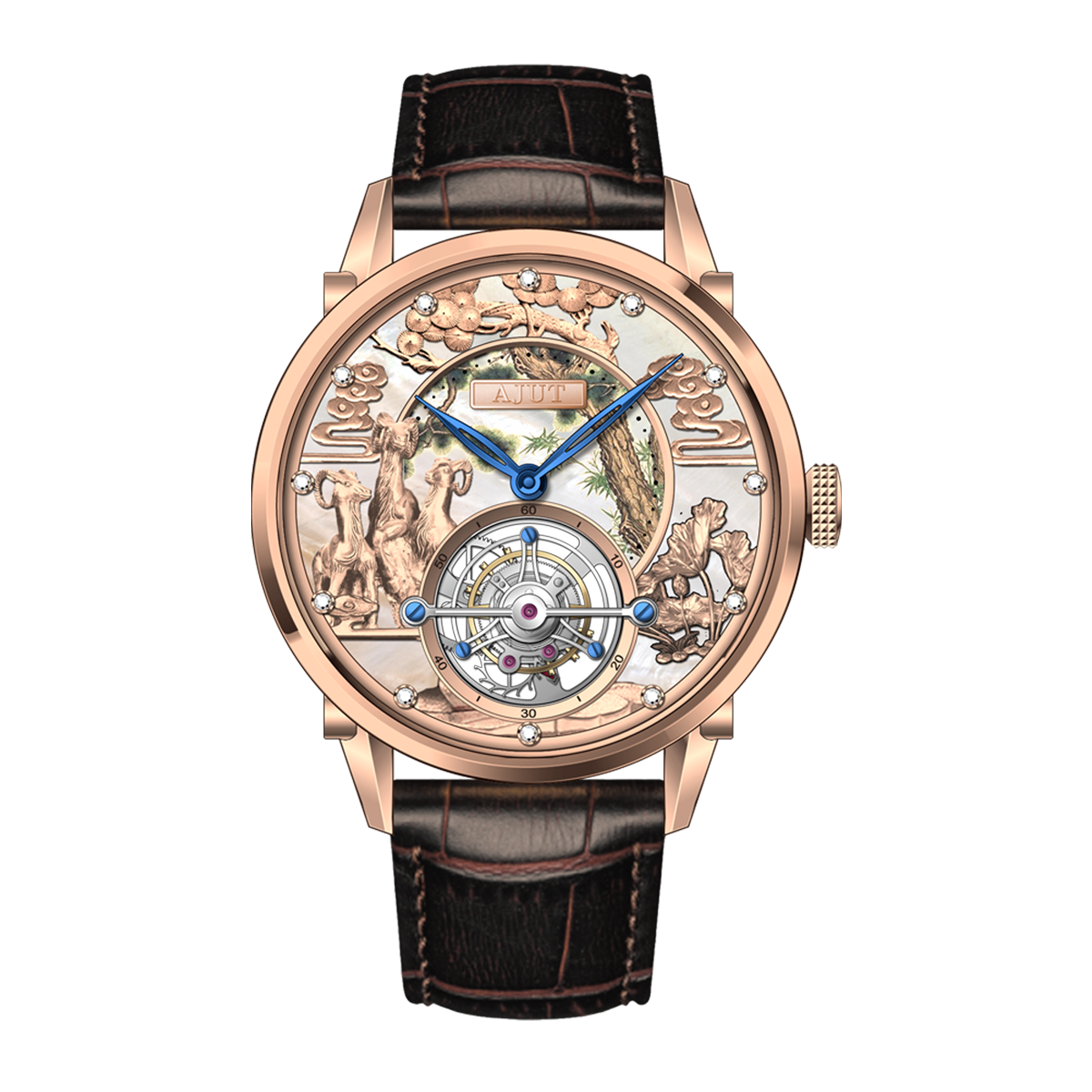 AJUT Manual Tourbillon Mechanical Man Watch Sheep Dial Skeleton Sapphire Mens Watch 0300