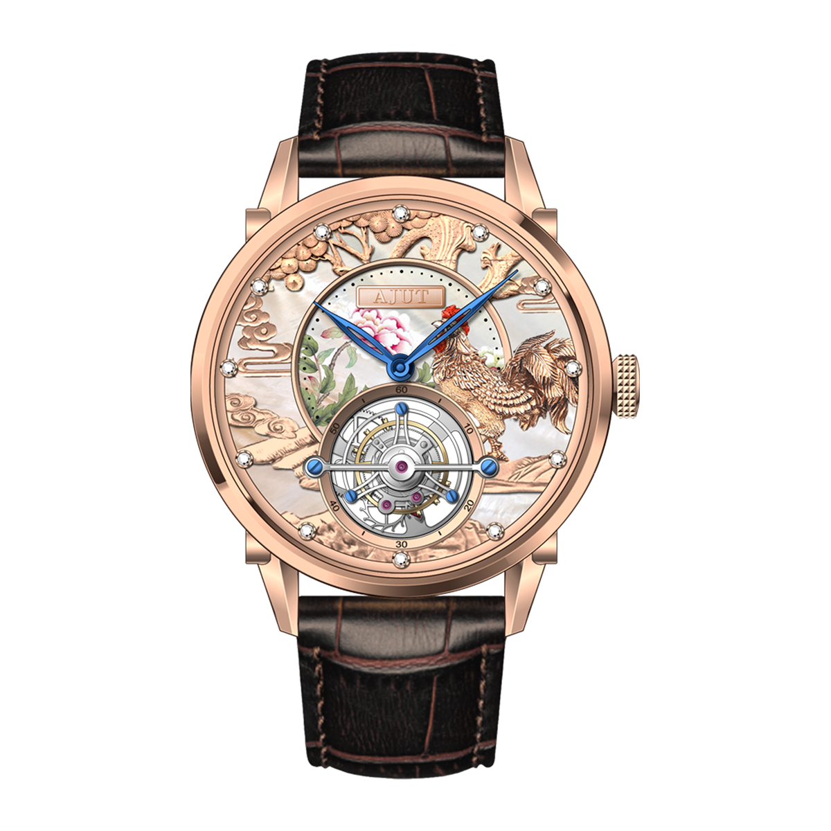 AJUT Rooster Tourbillon Manual Mechanical Watch Double-sided Hollow TAM0302