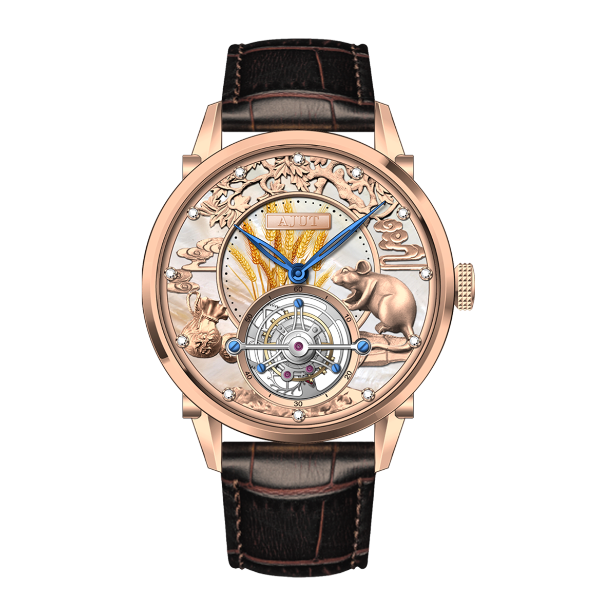 AJUT Buffalo Dail Tourbillon Manual Watch Mens Mechanical Skeleton Flying Tourbillon Man Watch 0306