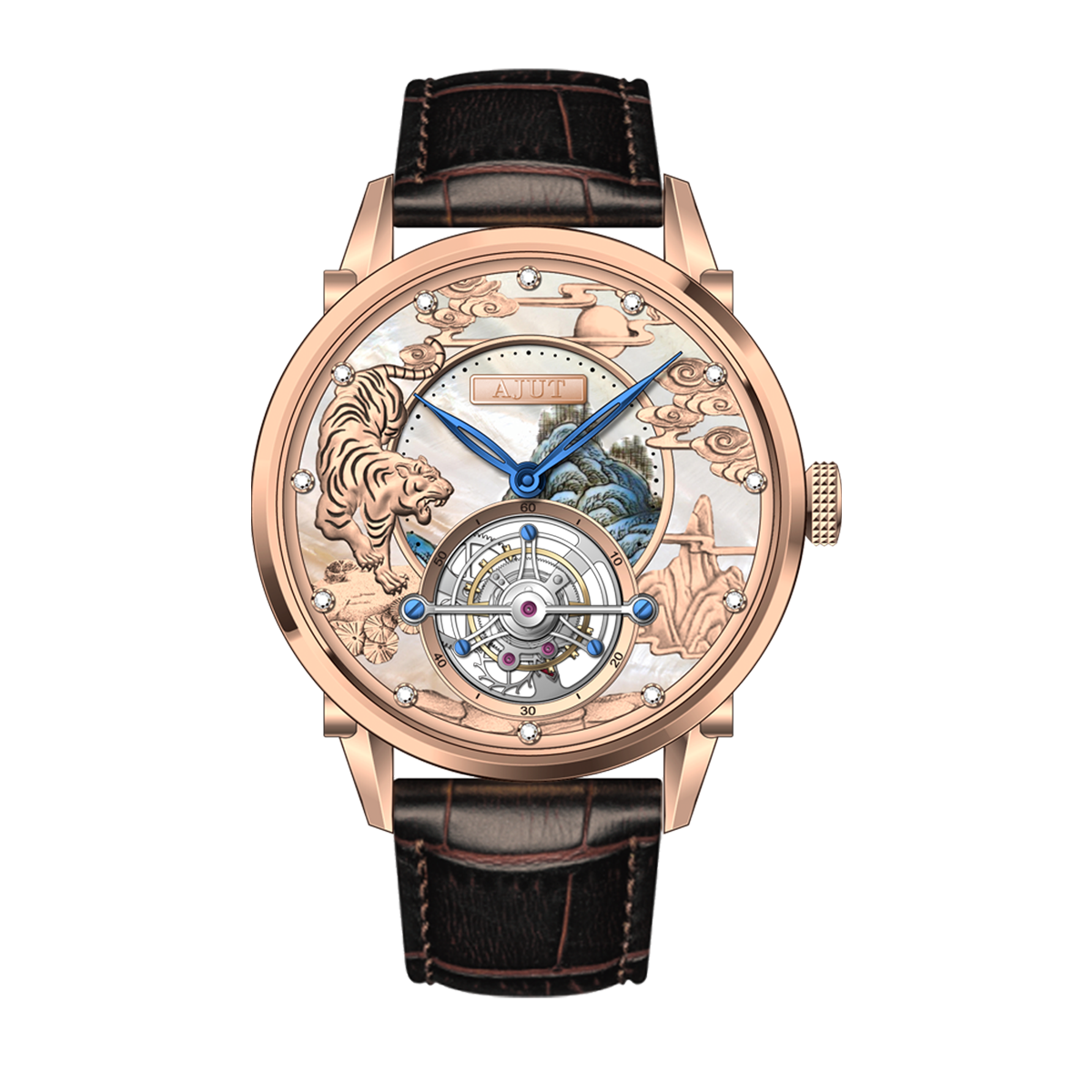 AJUT Tiger Tourbillon Mens Watch Manual Mechanical Double-sided Hollow Flying Tourbillon Man Watches TAM0307