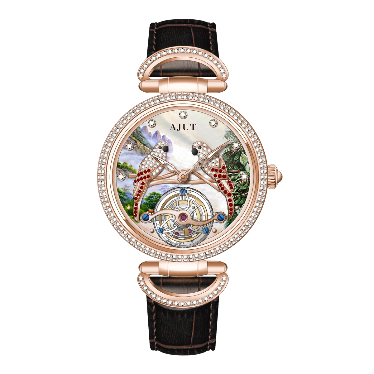 AJUT Tourbillon Watch Women Parrot Inlaid Zircon Luxury Tourbillon Ladies Watch 0327L