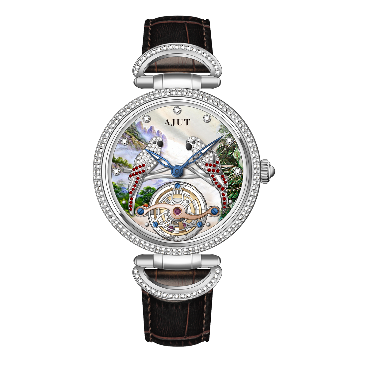 AJUT Tourbillon Watch Women Parrot Inlaid Zircon Luxury Tourbillon Ladies Watch 0327L