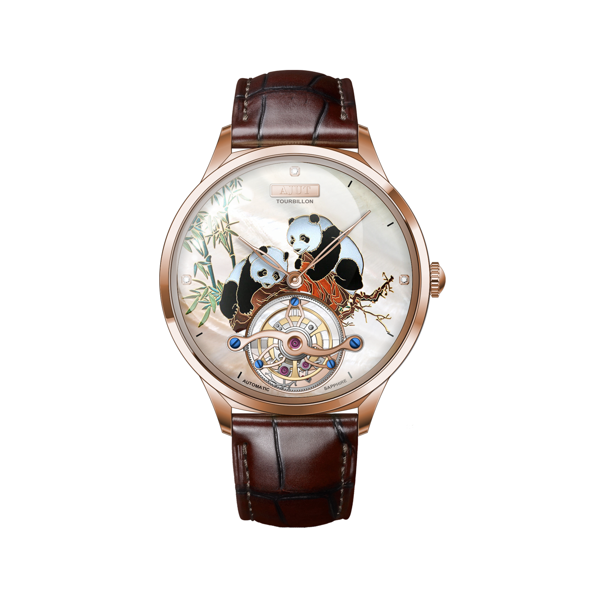 AJUT Pearl Shell Art Painting Craft 3D Printed Panda Automatic Winding Tourbillon Women's Watch TAL0346