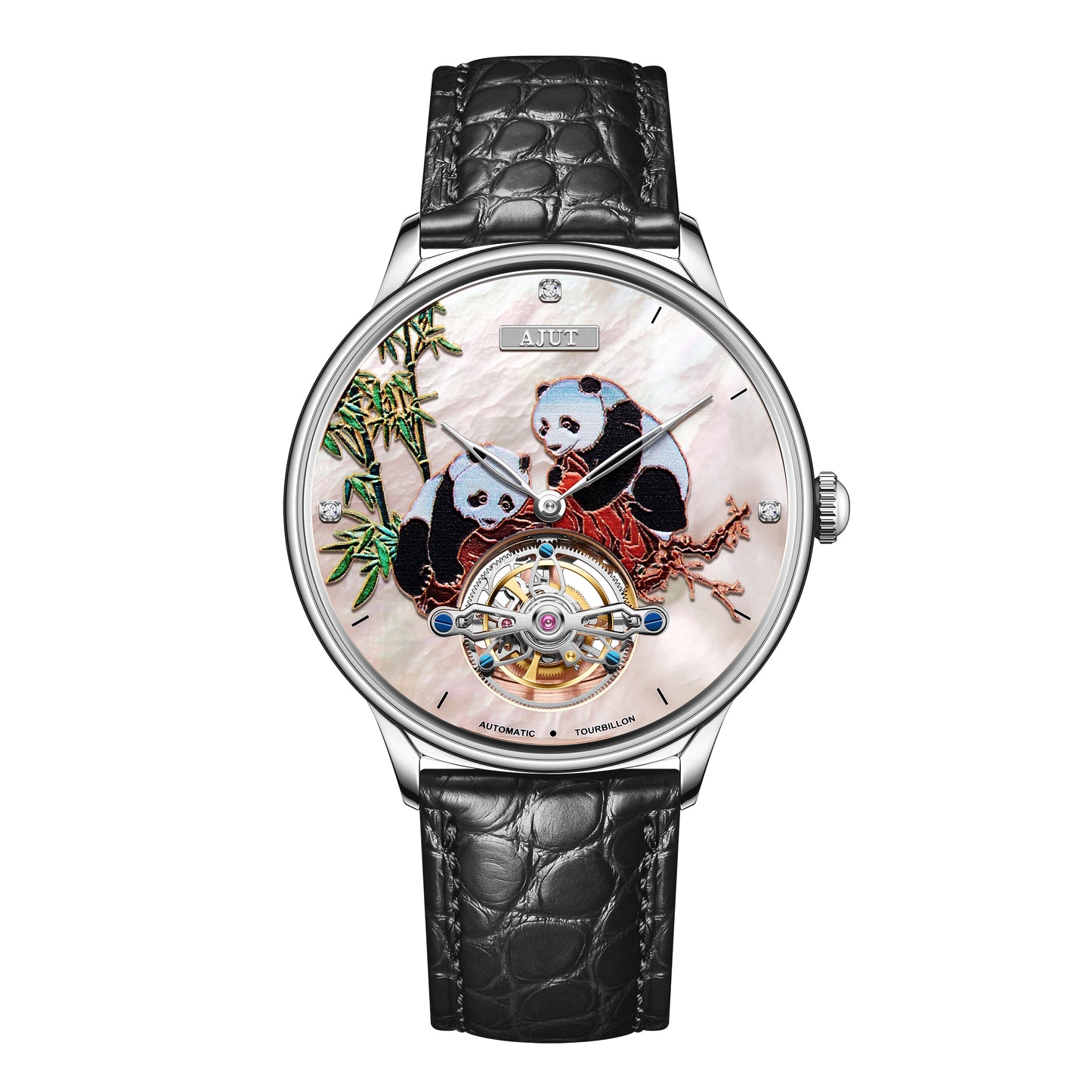 AJUT 3D printed panda stainless steel case men's watch automatic tourbillon mechanical movement TAM0346