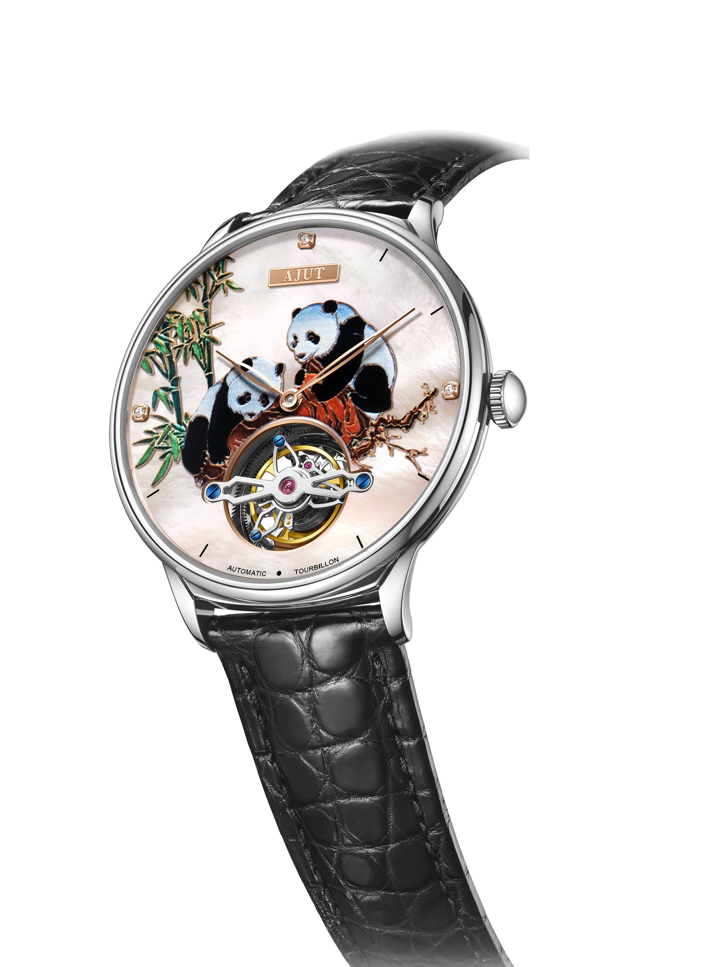 AJUT 3D printed panda stainless steel case men's watch automatic tourbillon mechanical movement TAM0346