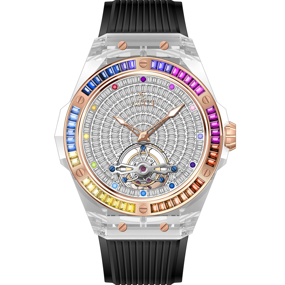 AJUT Automatic Tourbillon Crystal Case Watch Men Sapphire Mirror Square Diamond Surface Flying Mechanical Wristwatches 0521