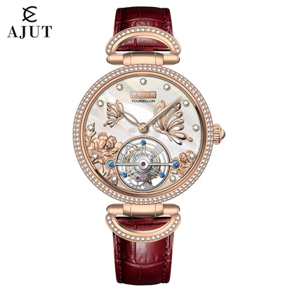 AJUT Hand Winding Tourbillon Mechanical Watches For Women Sapphire Glass mother-of-pearl inlaid With diamonds Manual Movement Ladies Watch 0314