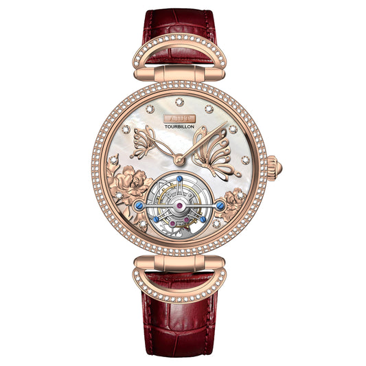 AJUT Hand Winding Tourbillon Mechanical Watches For Women Sapphire Glass mother-of-pearl inlaid With diamonds Manual Movement Ladies Watch 0314